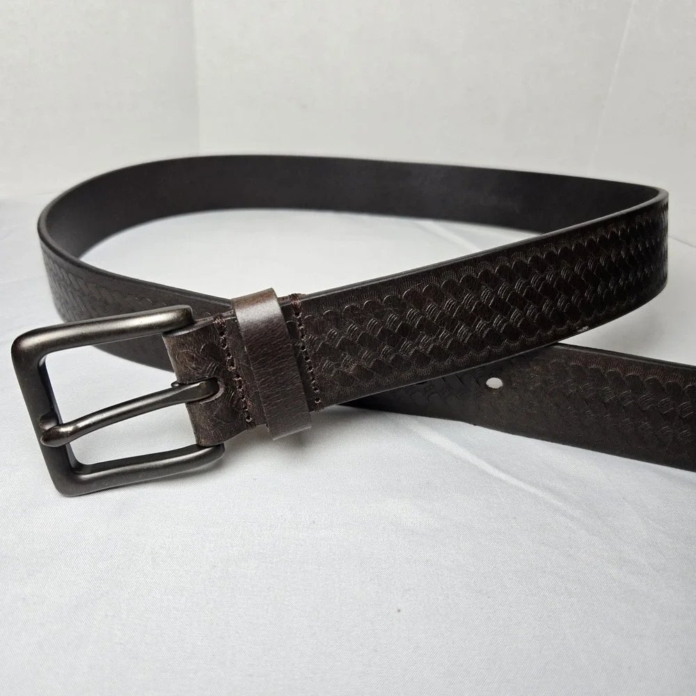 Wrangler Geniune Leather Embossed Basketweave Belt Mens 34 Brown Western Cowboy